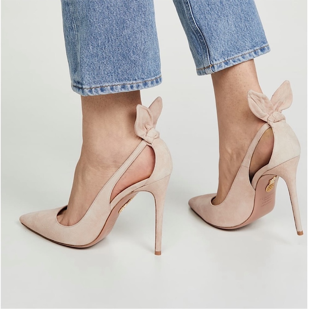 Aquazzura Blush Suede Pointed-Toe Stiletto Heels with Bow Back